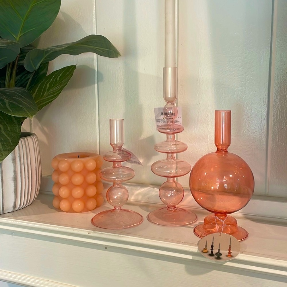 COPY - NWT Borosilicate Glass Taper Candle Holder in light pink.